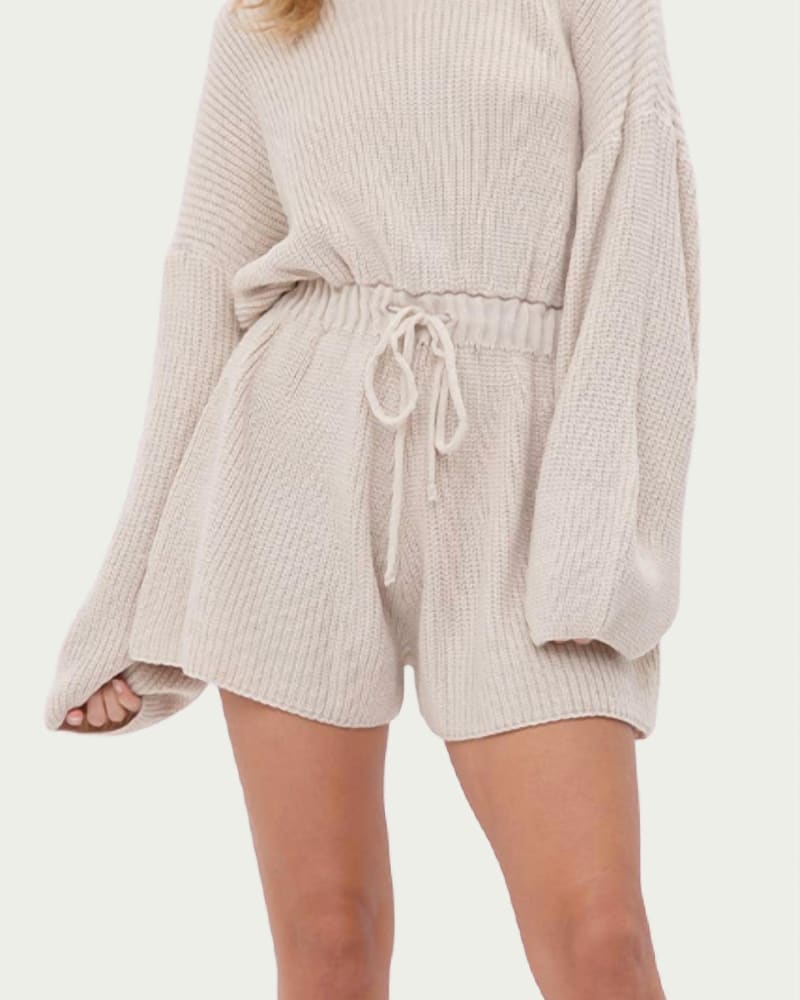 Front of a model wearing a size L Drawstring-Waist Ribbed-Knit Romper in Beige in Beige by Fore. | dia_product_style_image_id:336077